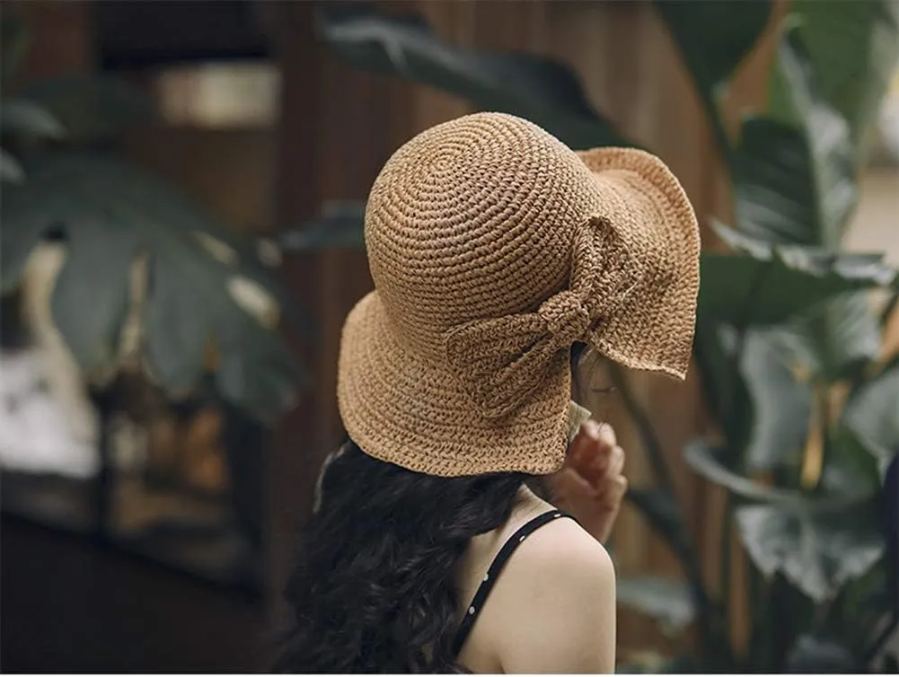 Womens Summer Sun Beach Straw Hat UPF50 Travel Foldable Wide Brim Summer UV Hat with Big Bow