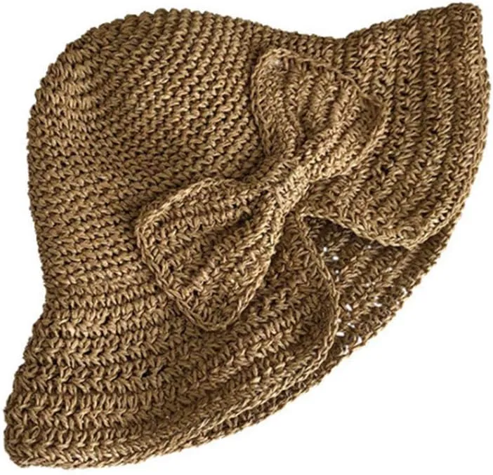 Womens Summer Sun Beach Straw Hat UPF50 Travel Foldable Wide Brim Summer UV Hat with Big Bow