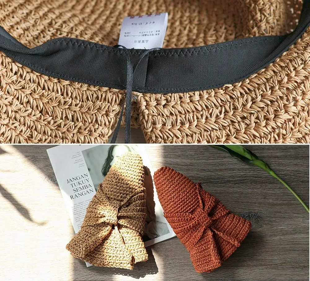 Womens Summer Sun Beach Straw Hat UPF50 Travel Foldable Wide Brim Summer UV Hat with Big Bow