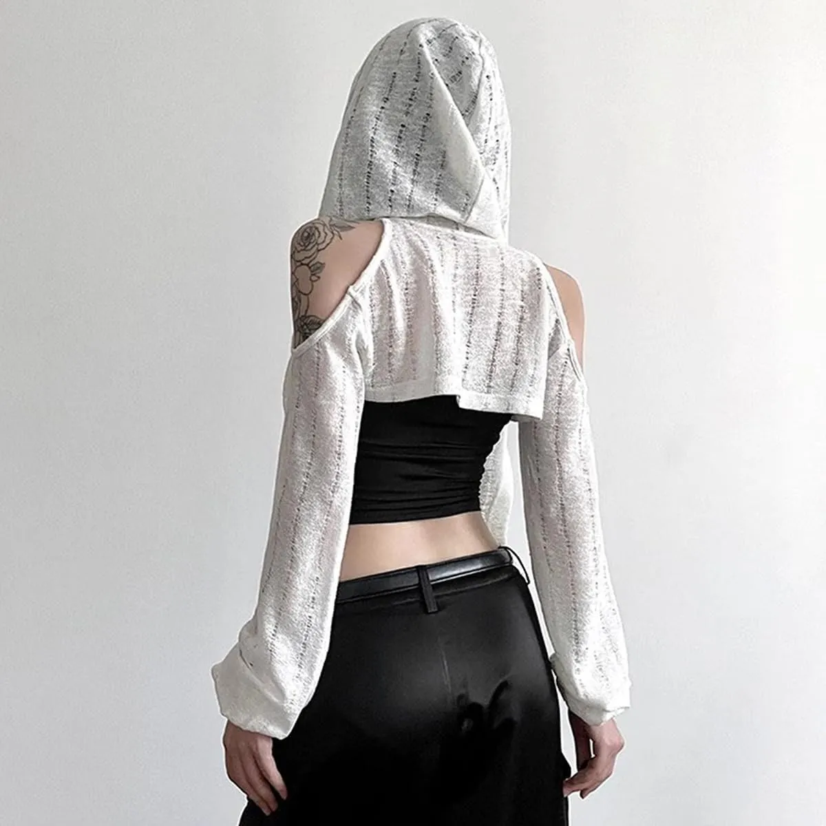 Women's Super Crop Long Sleeve Hoodie Cardigan - Post-Apocalyptic Style Open-Front Knit Top